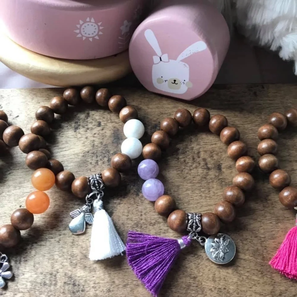 Wood and moonstone angel charm bracelet